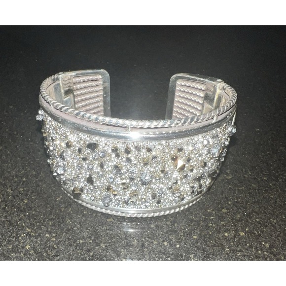 Brighton CRYSTAL ROCKS  Silvertone Double Hinged Cuff Bracelet - Picture 1 of 6